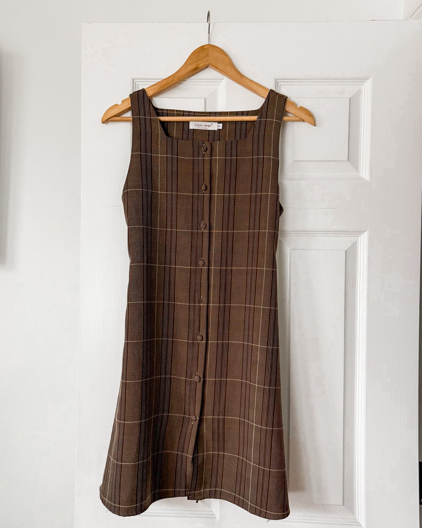 Brown Plaid Button Dress