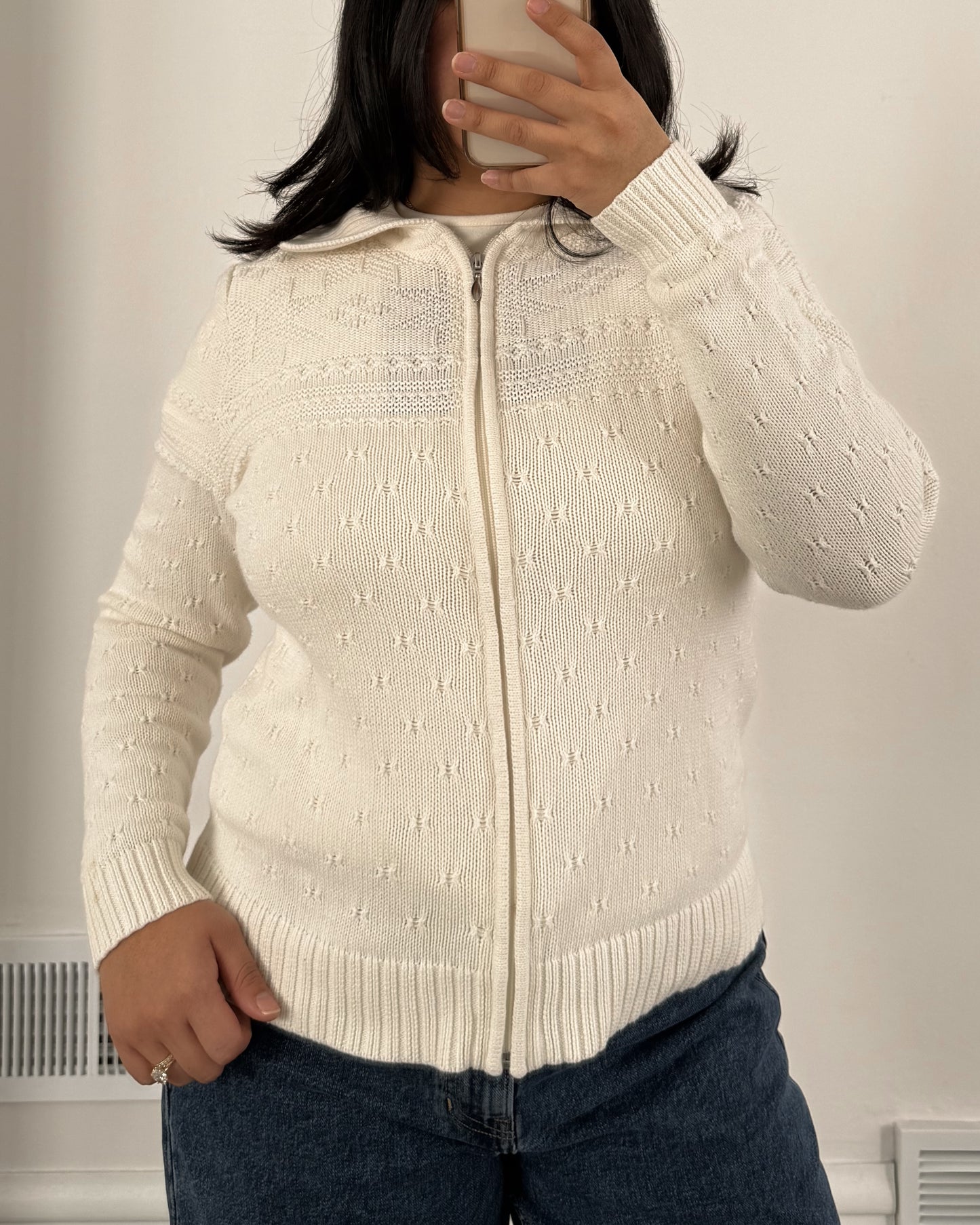 White Textured Zip Up Sweater
