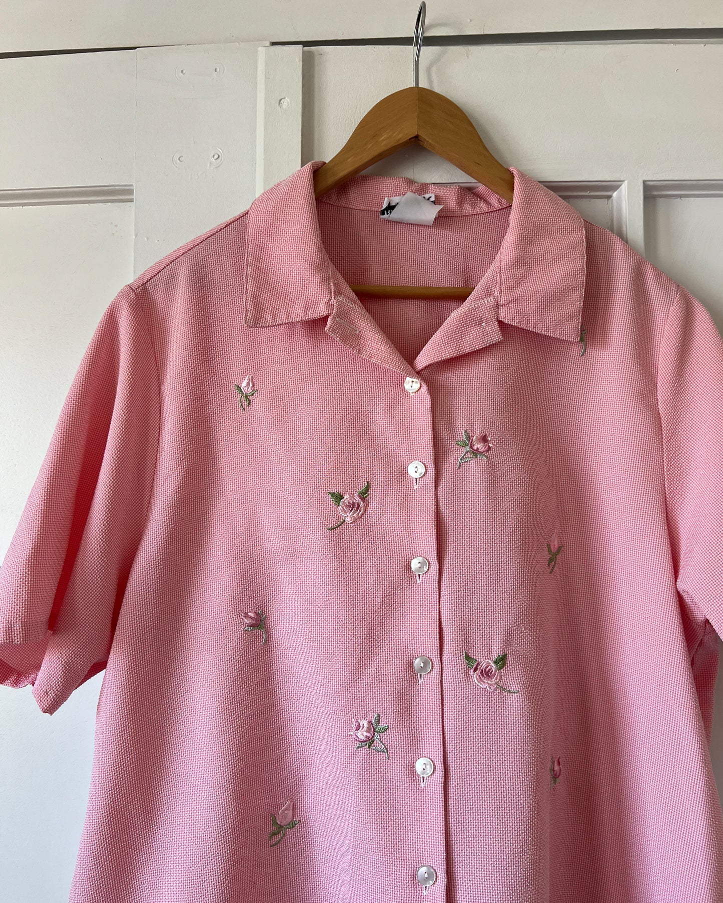 Floral Embroidered Pink Button Up