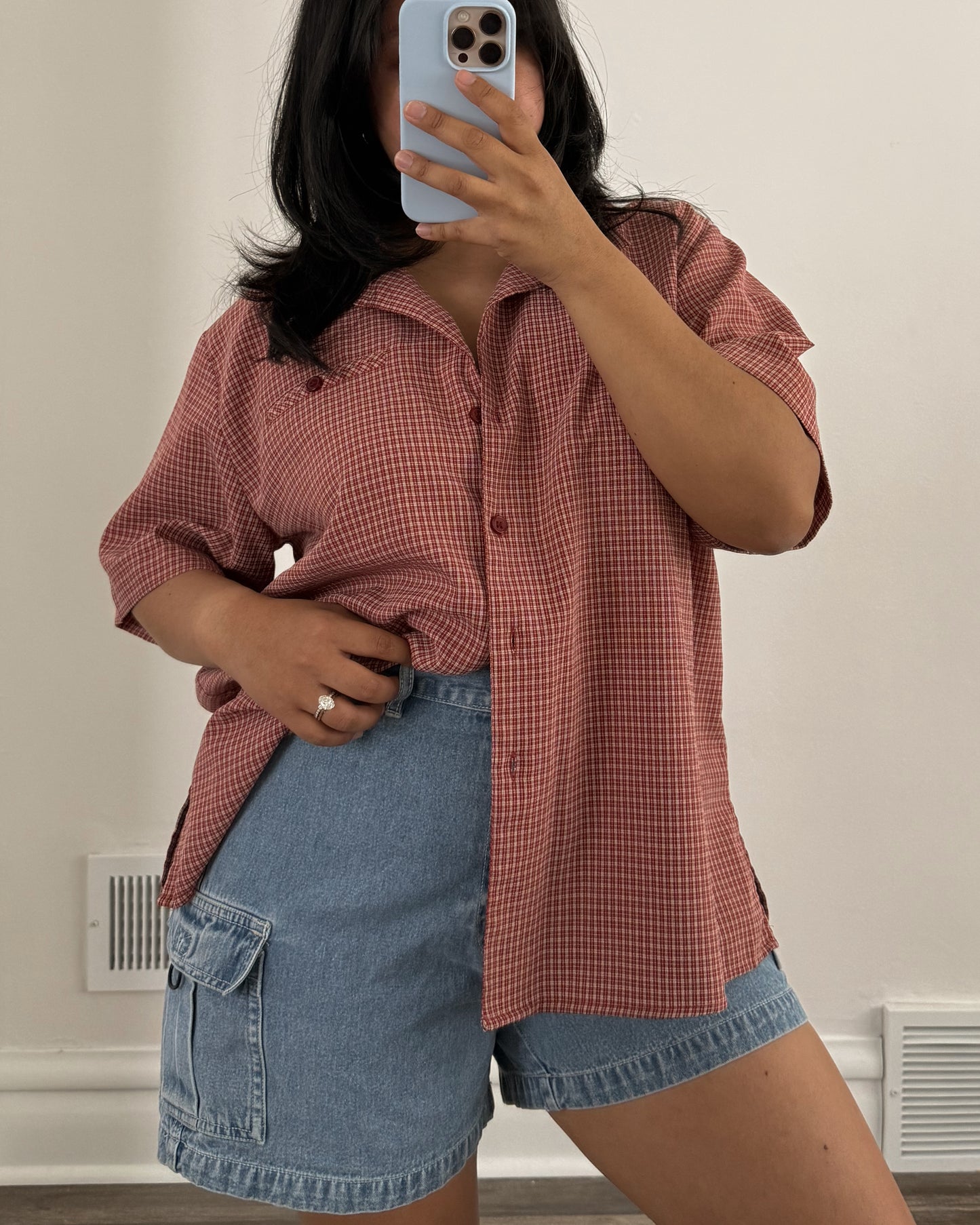 Red Plaid Button Down Short Sleeve Shirt