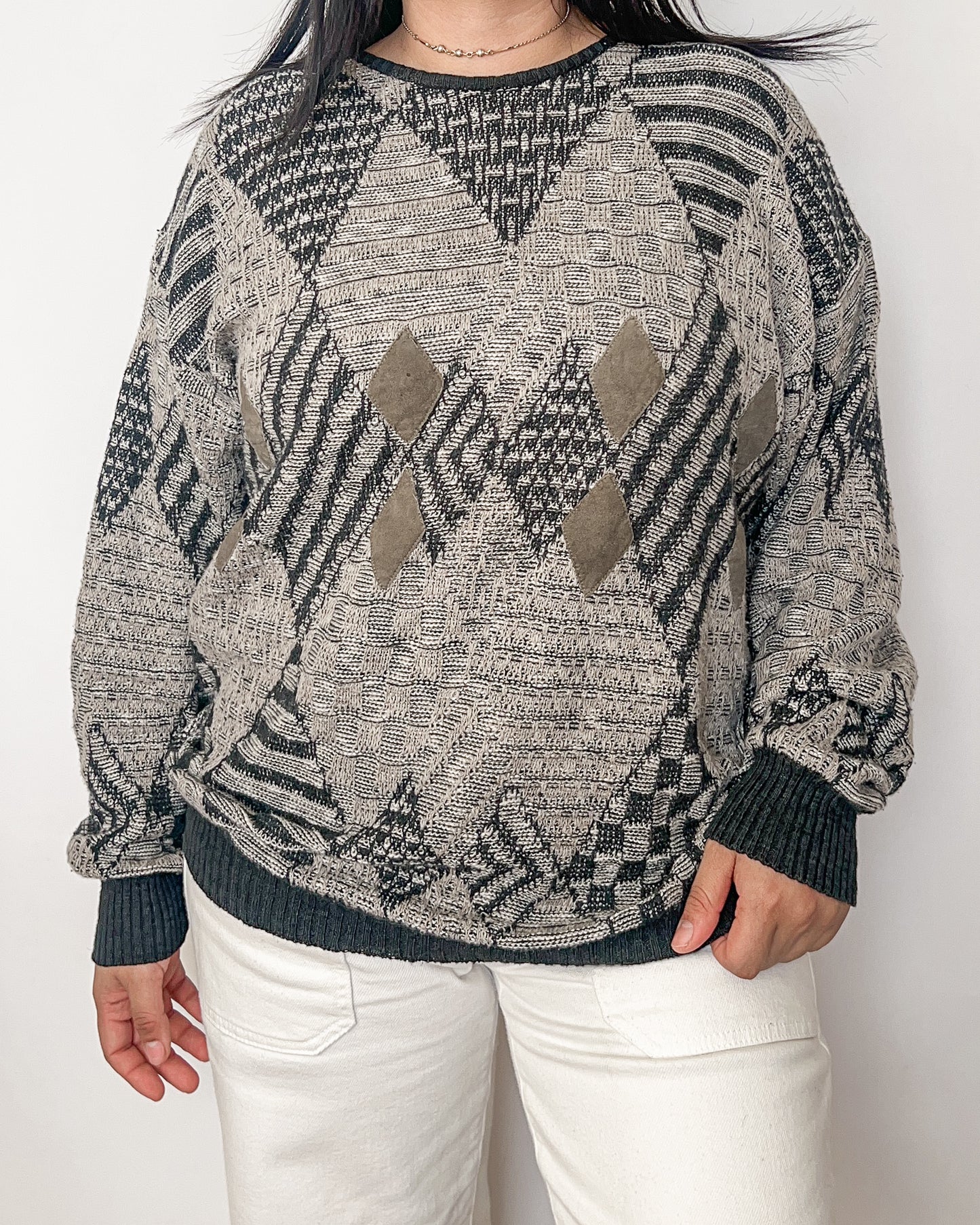 Dark Geometric Patterned Knitted Sweater