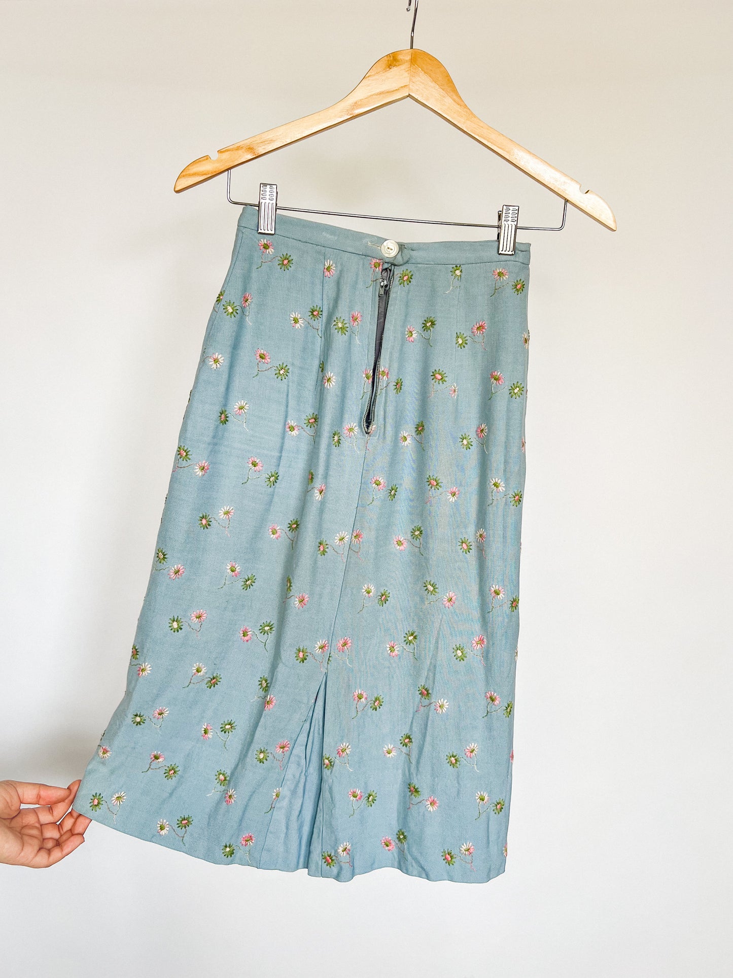 Blue Floral Embroidered Midi Skirt