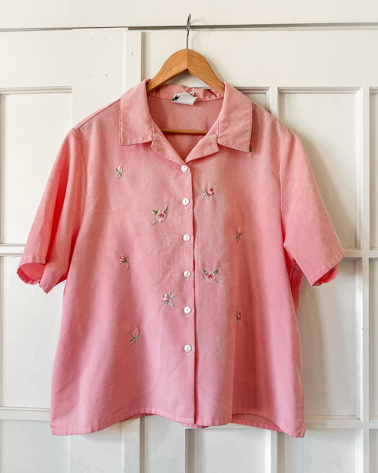 Floral Embroidered Pink Button Up