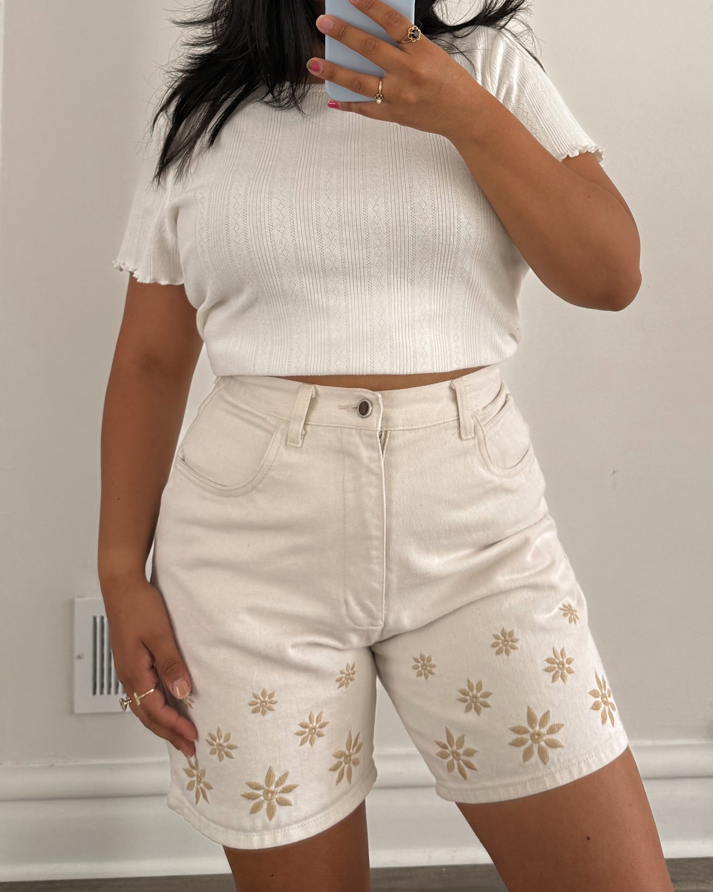 Shorts with Embroidered Flowers