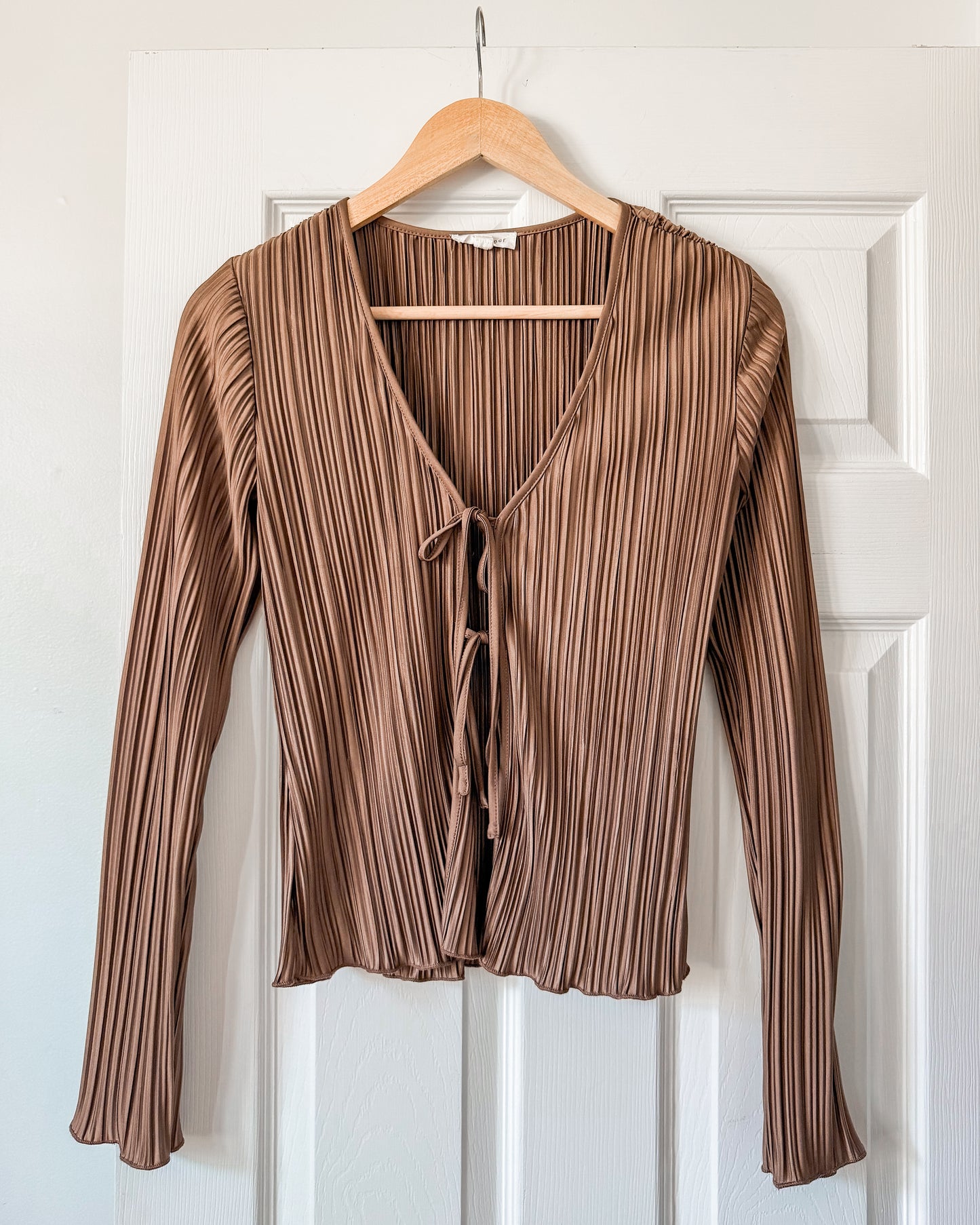 Brown Tie Flutter Sleeve Blouse