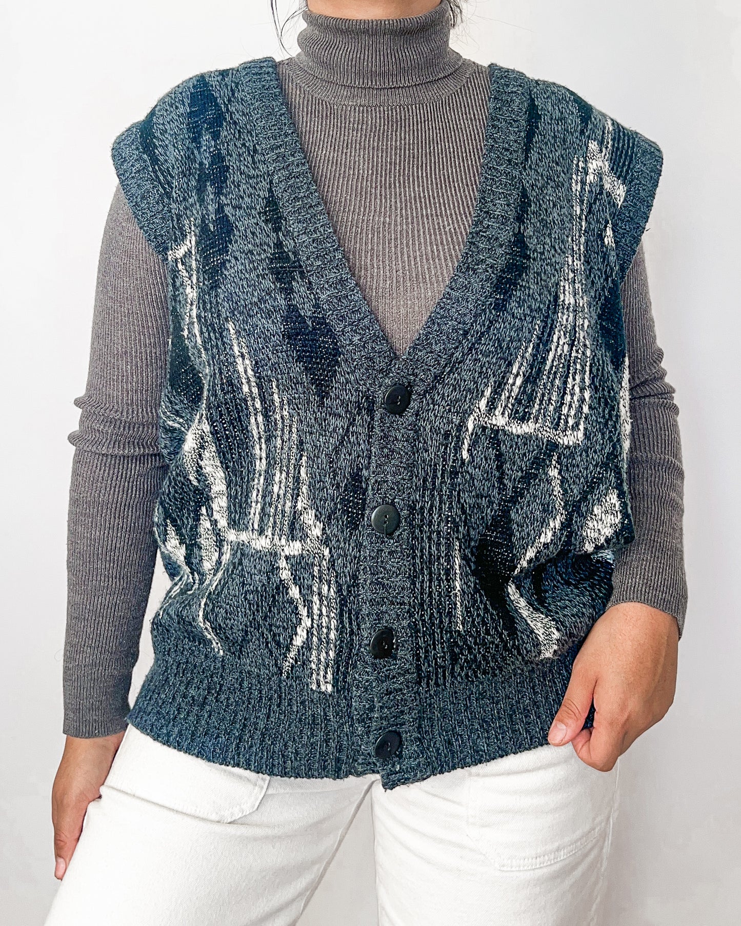 Navy Blue Geometric Knitted Vest