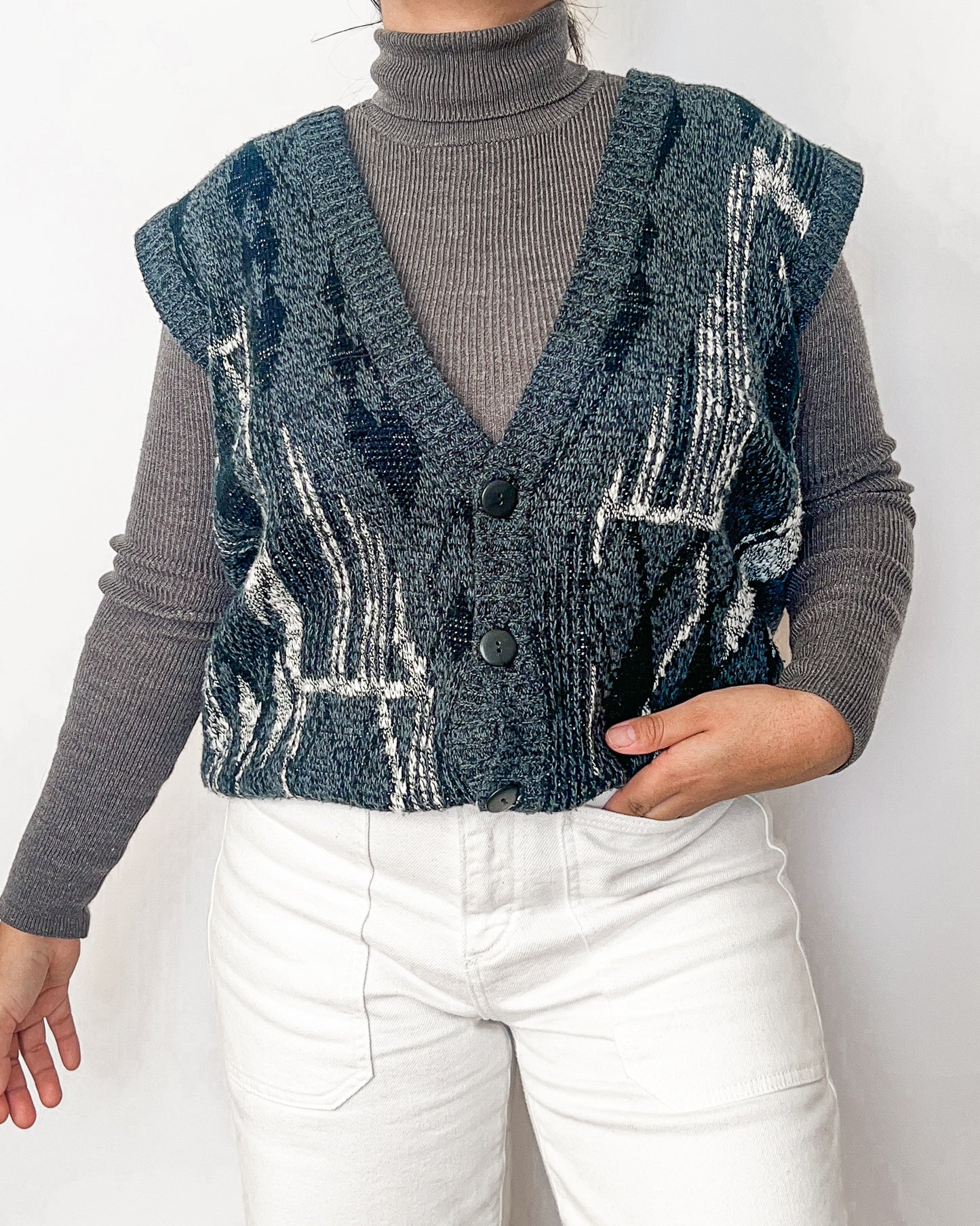 Navy Blue Geometric Knitted Vest