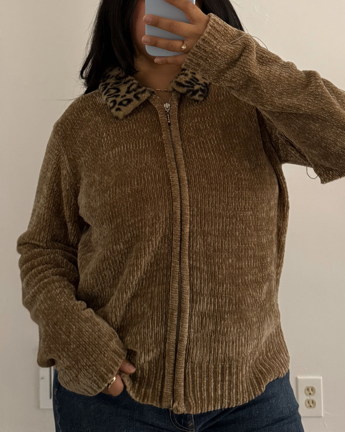 Leopard Collar Zip Up Sweater