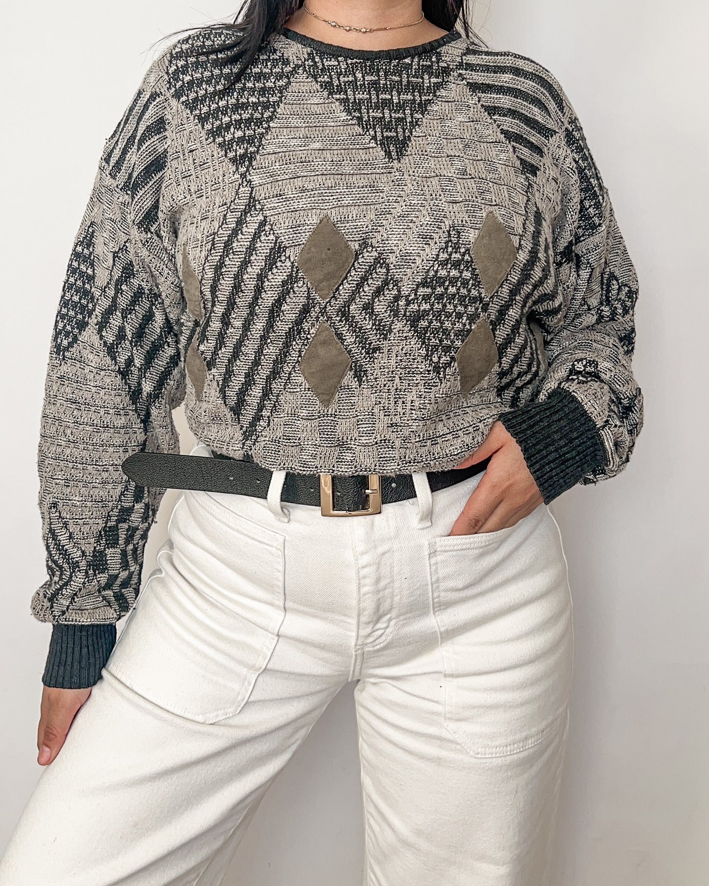 Dark Geometric Patterned Knitted Sweater