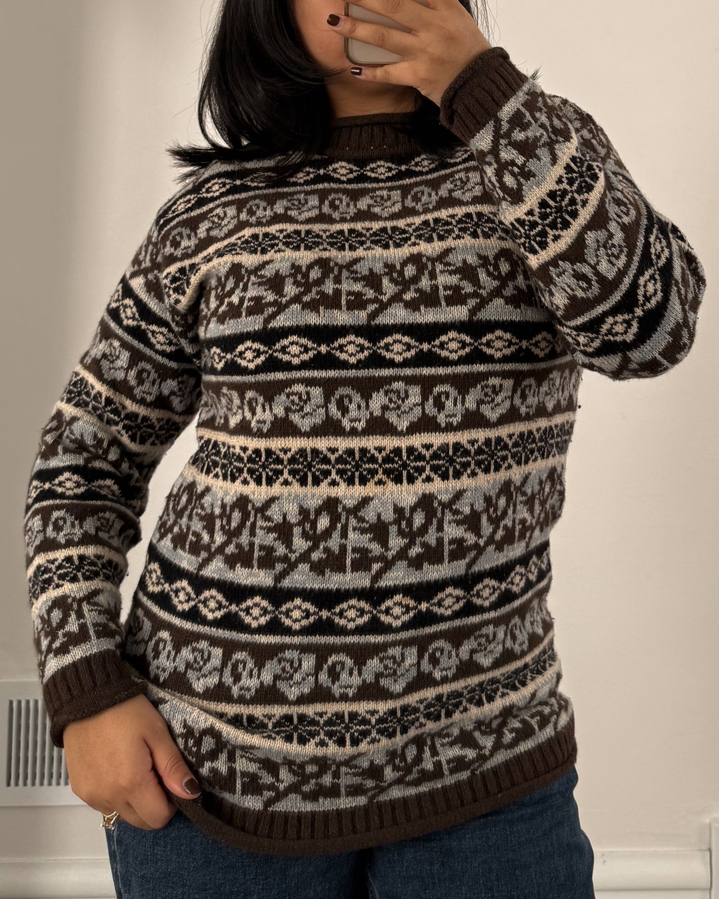 Mock Neck Multi Patterned Knitted Sweater