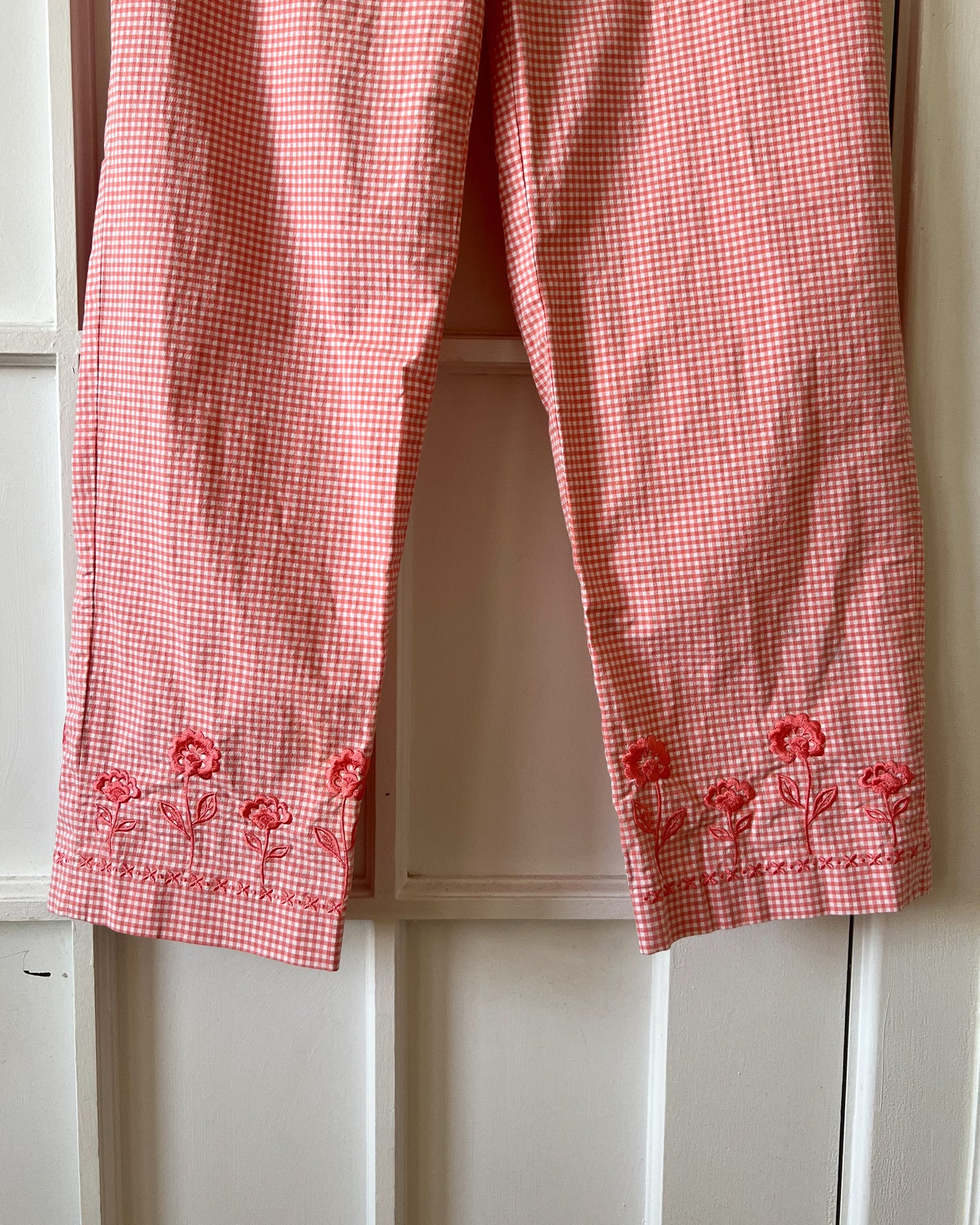 Plaid Floral Embroidered Pants