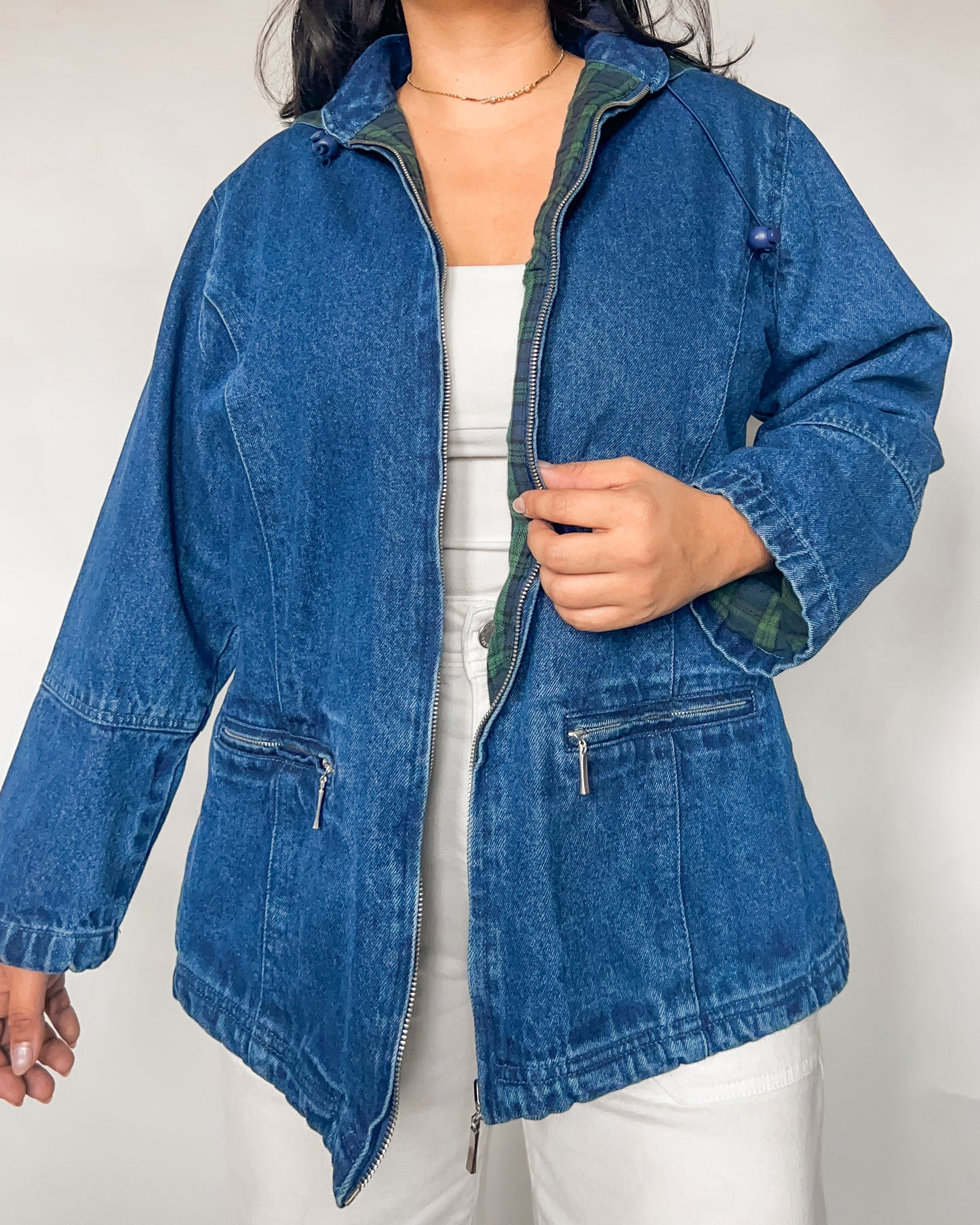 Denim Hooded Plaid Lined Jacket
