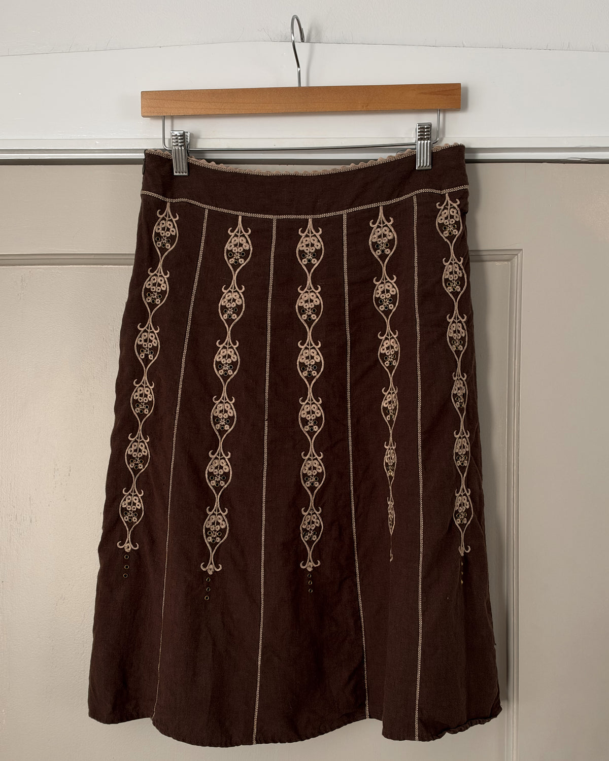 Brown Linen Eyelet Midi Skirt