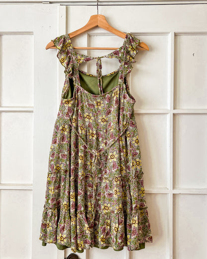 Green + Pink Floral Tiered Dress