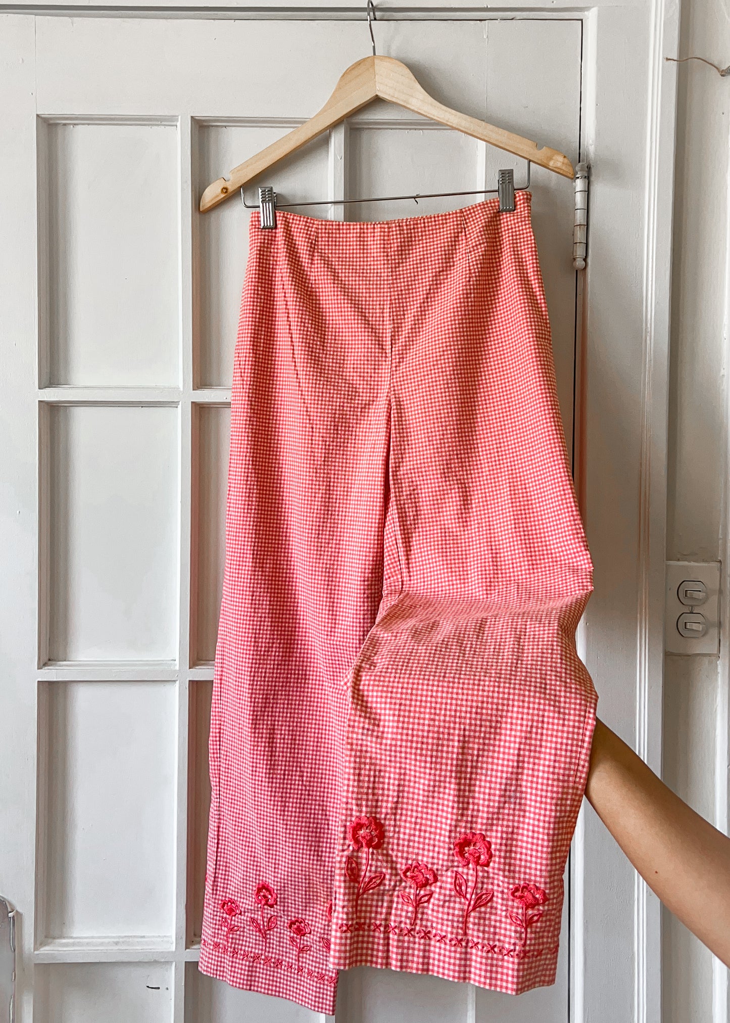 Plaid Floral Embroidered Pants
