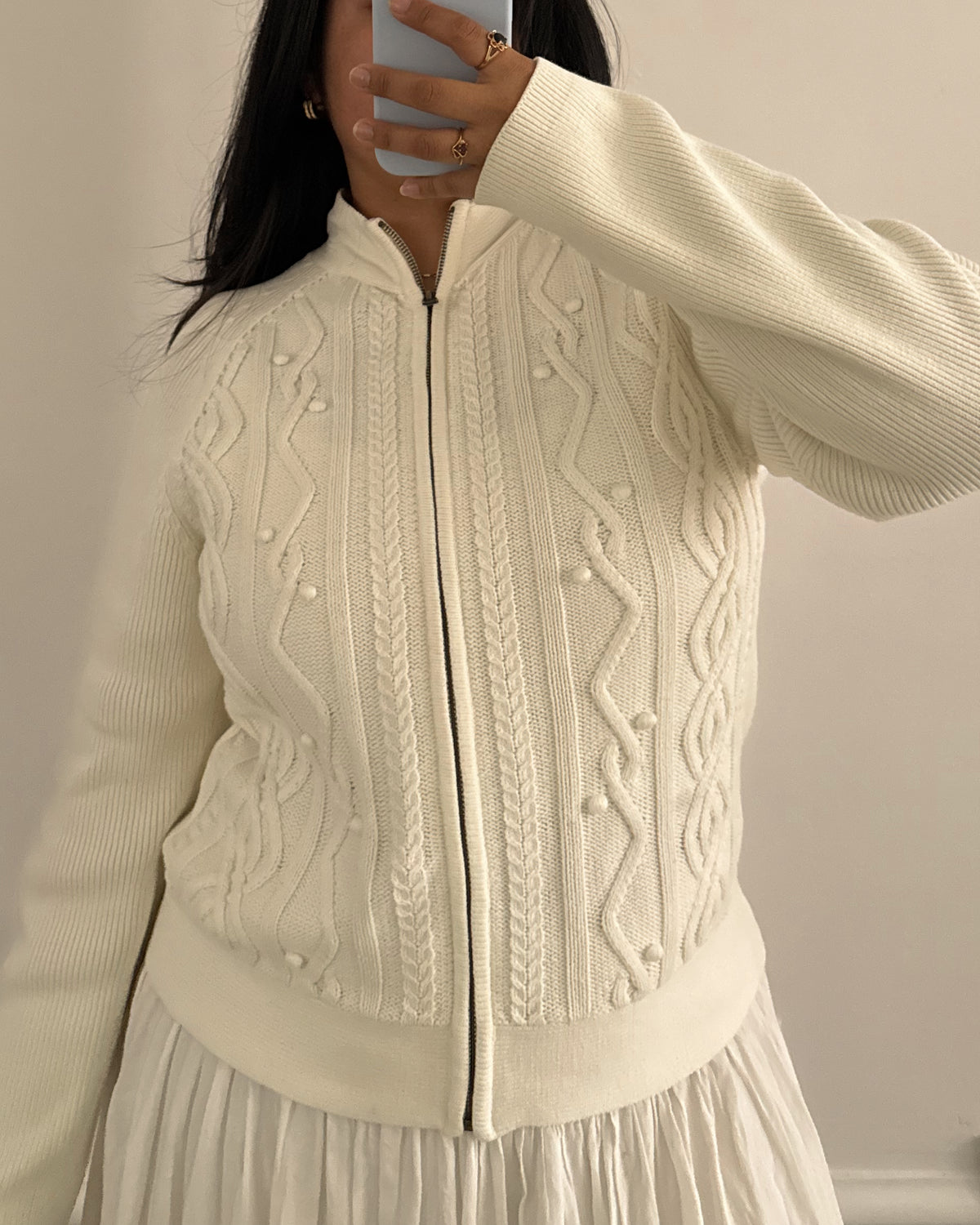 Ivory Knitted Zip Up Sweater