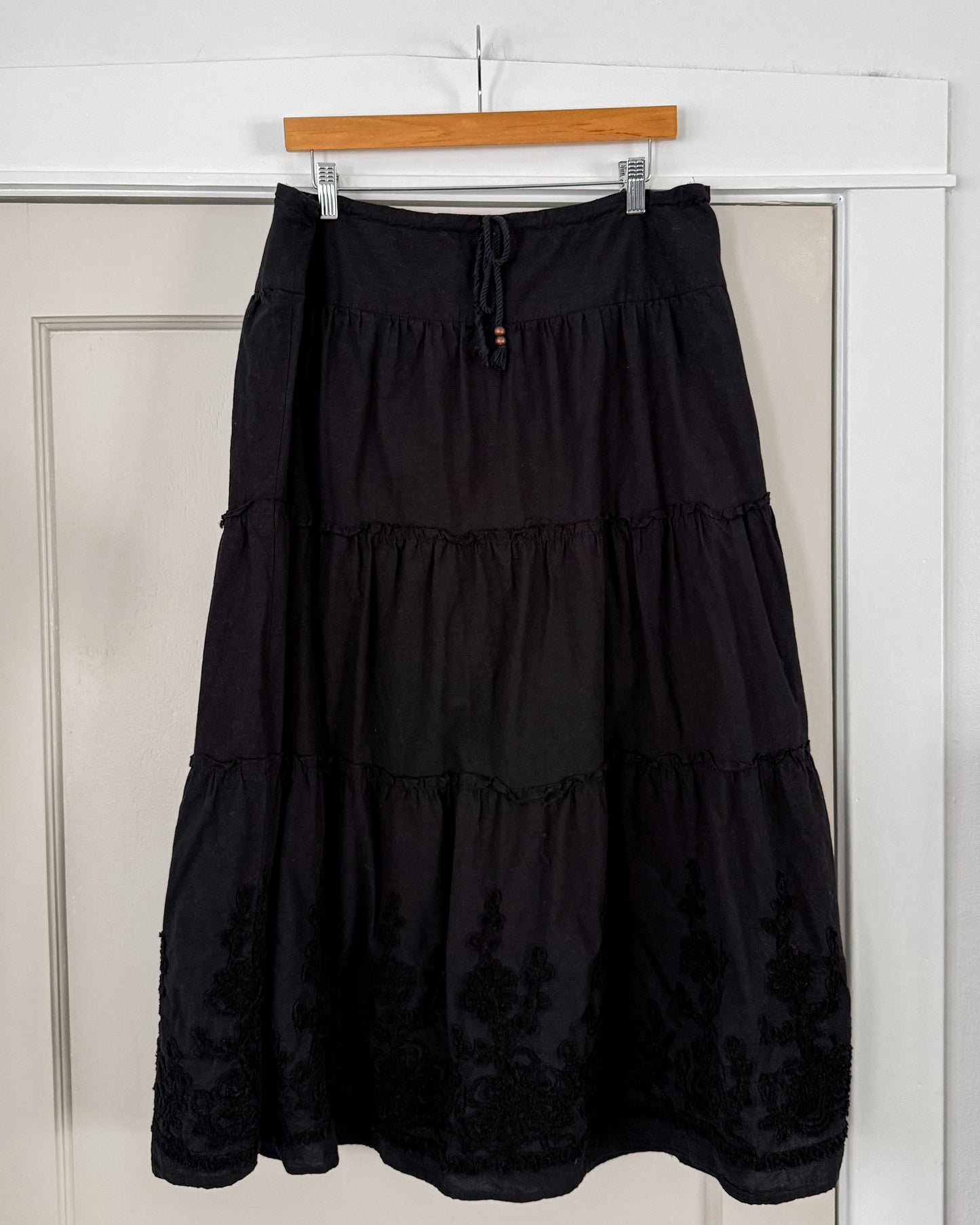 Black Tiered Maxi Skirt Floral Details
