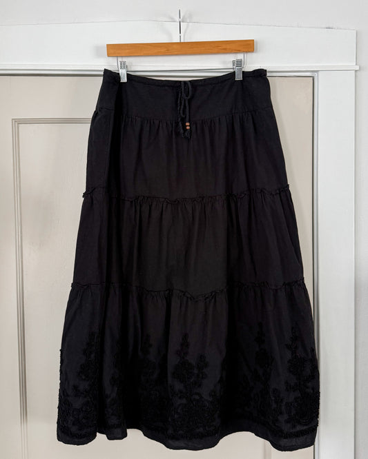 Black Tiered Maxi Skirt Floral Details