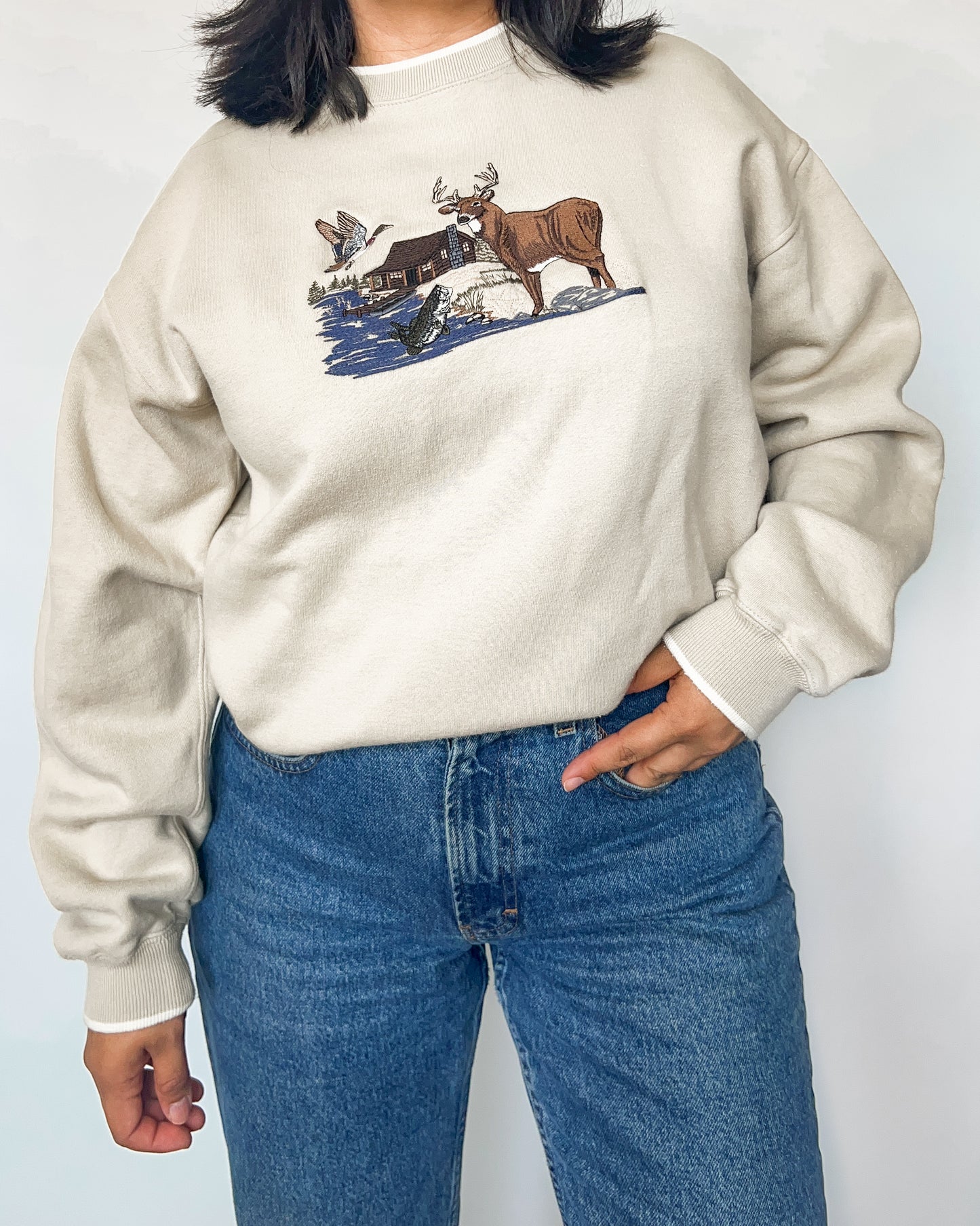 Deer Embroidered Crewneck Sweater