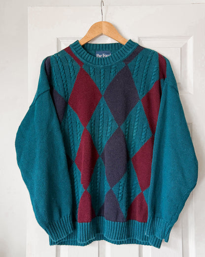 Vintage Teal Diamond Knitted Sweater