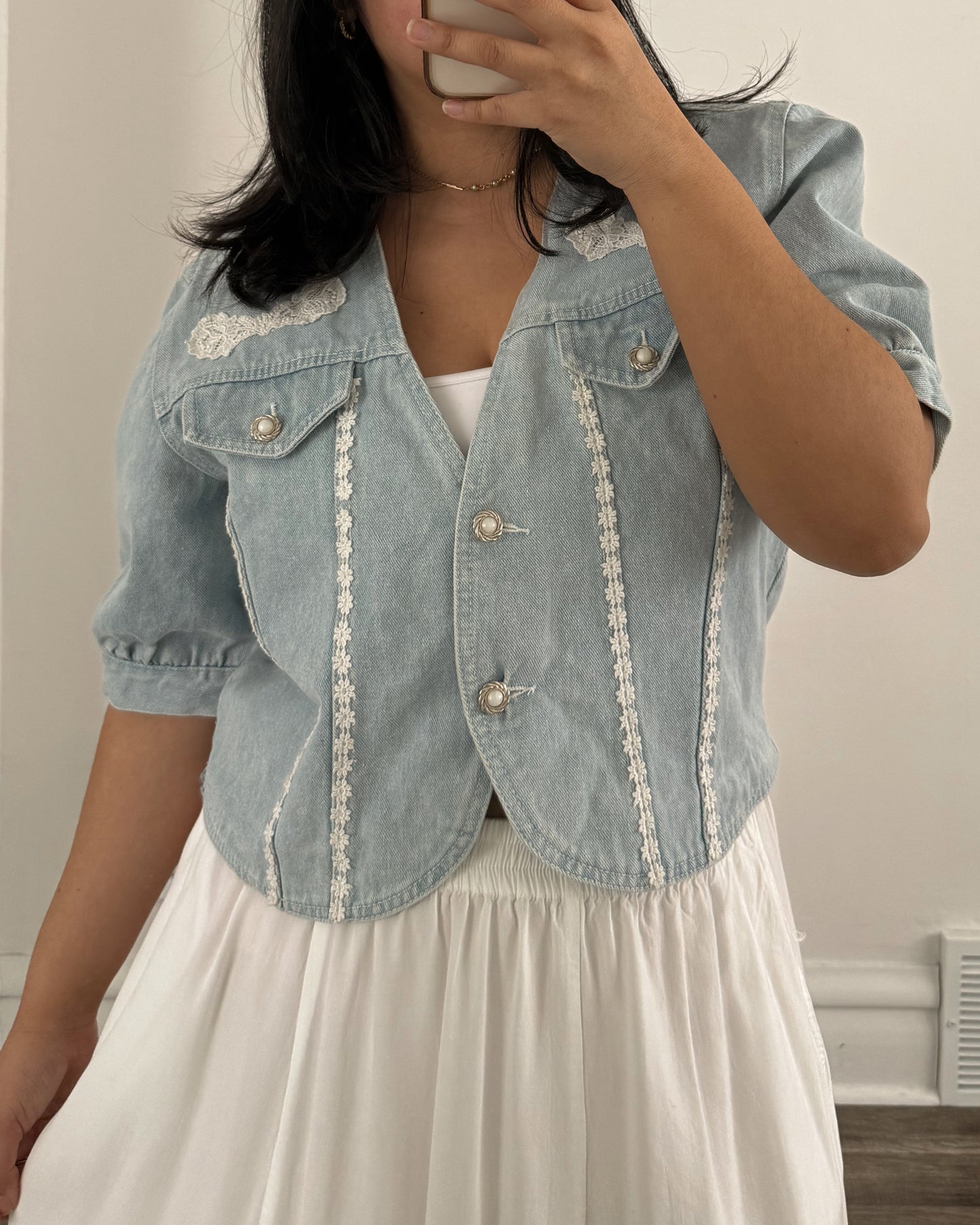 Denim Lace Puff Sleeve Top