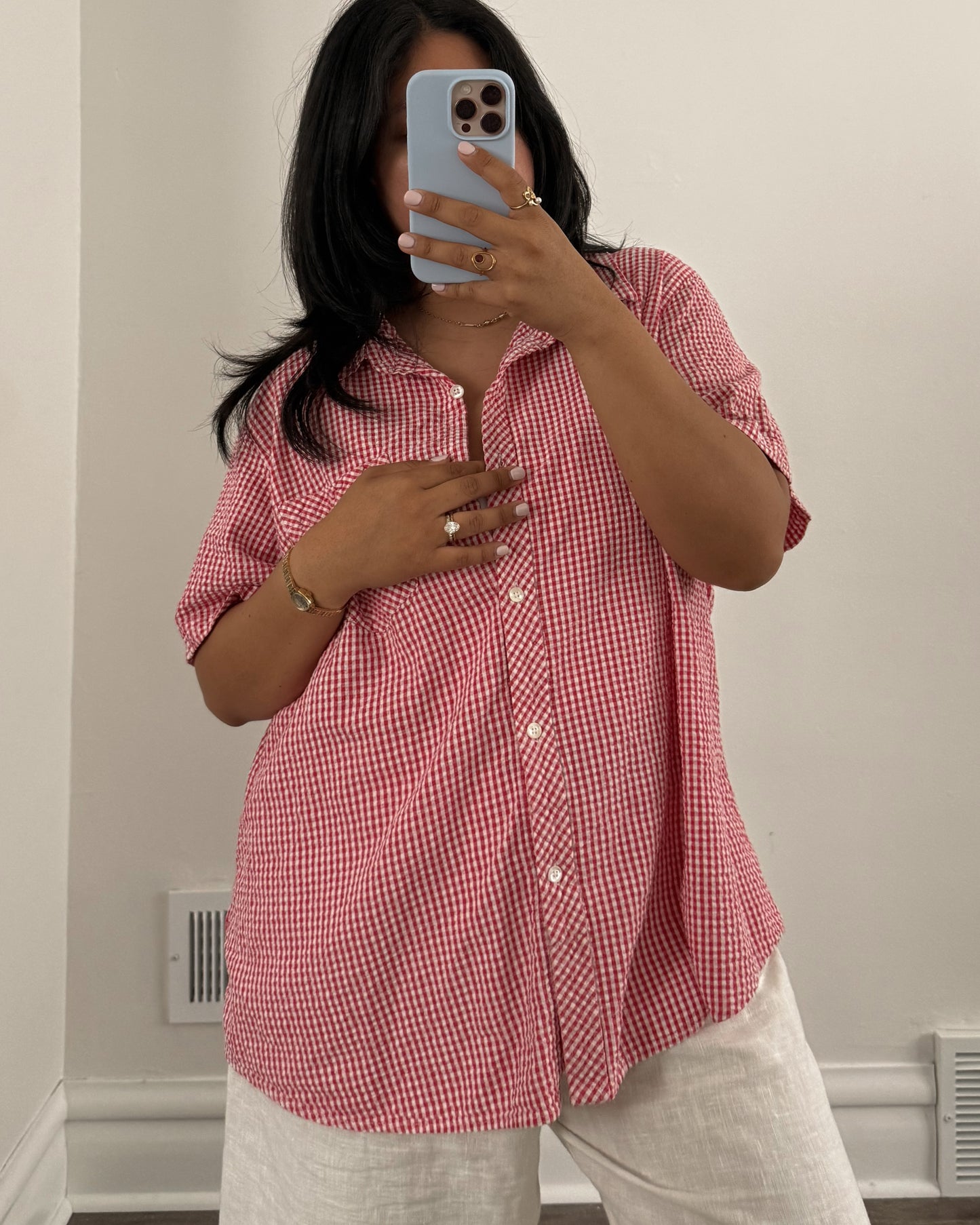 Red Gingham Button Down Short Sleeve Shirt
