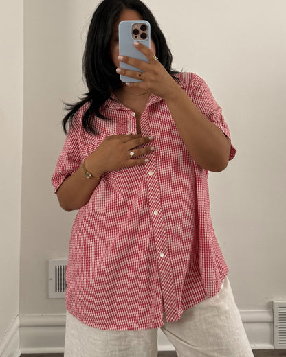 Red Gingham Button Down Short Sleeve Shirt