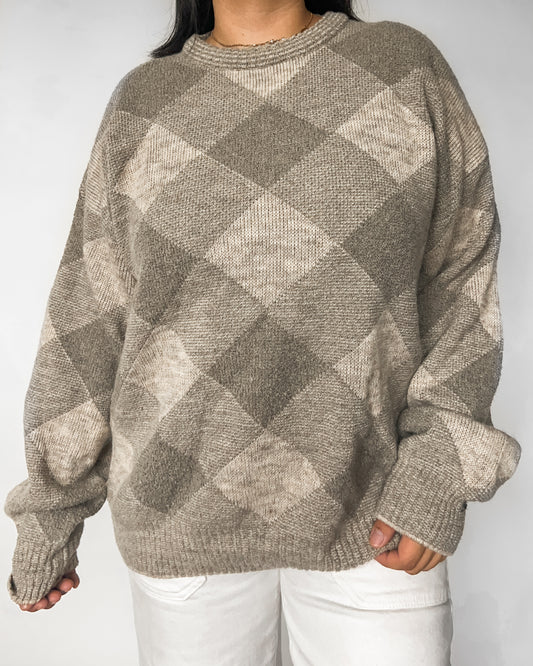 Neutral Diamond Patterned Knitted Sweater