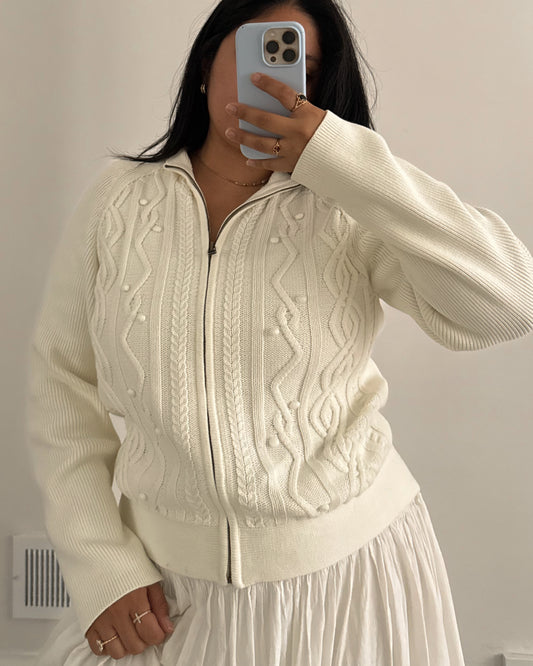 Ivory Knitted Zip Up Sweater