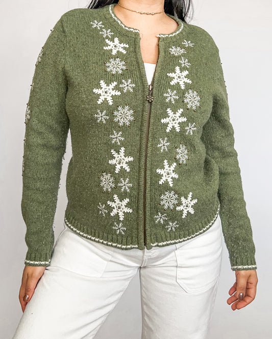 Green Snowflake Cardigan Sweater