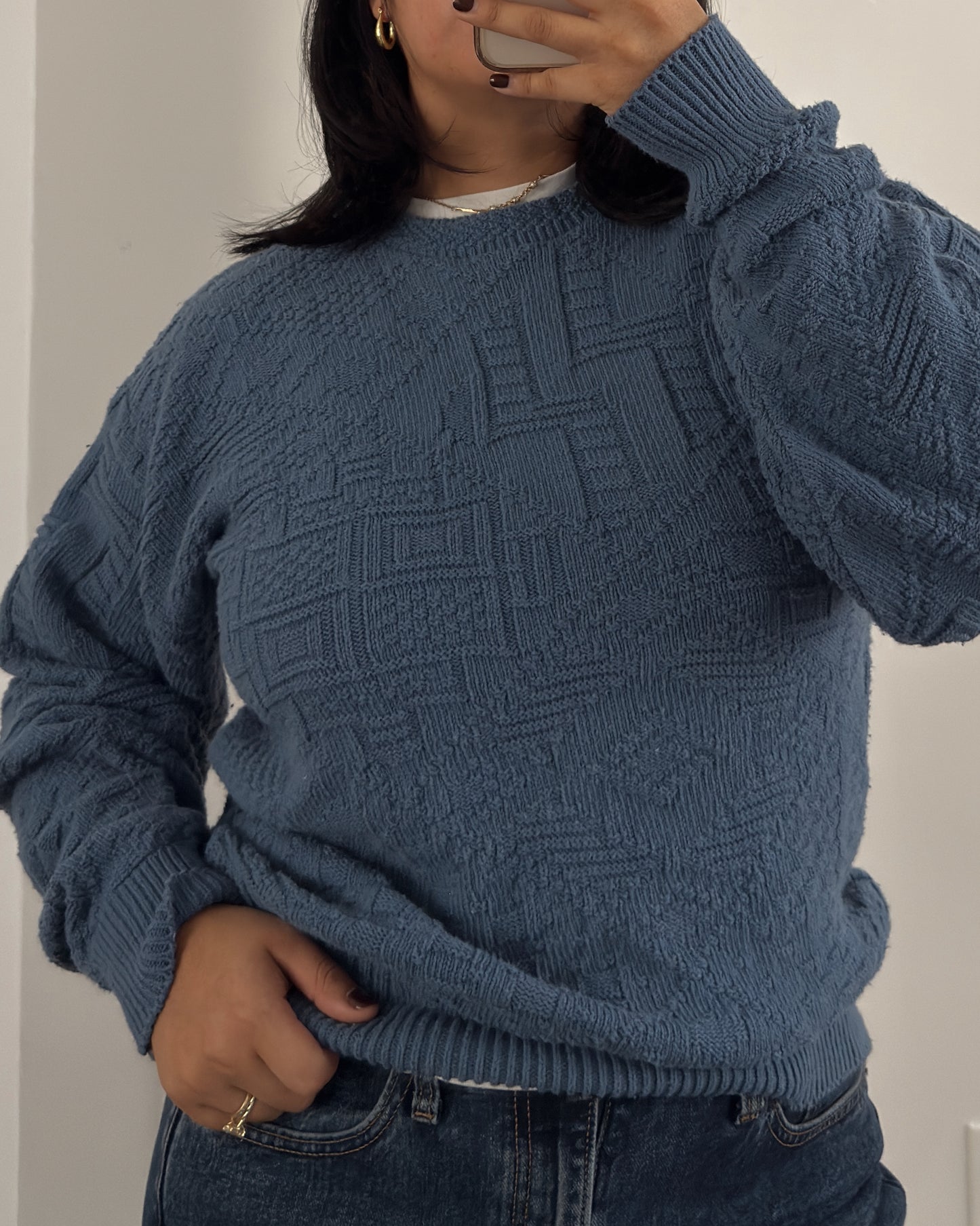 Blue Textured Knitted Sweater