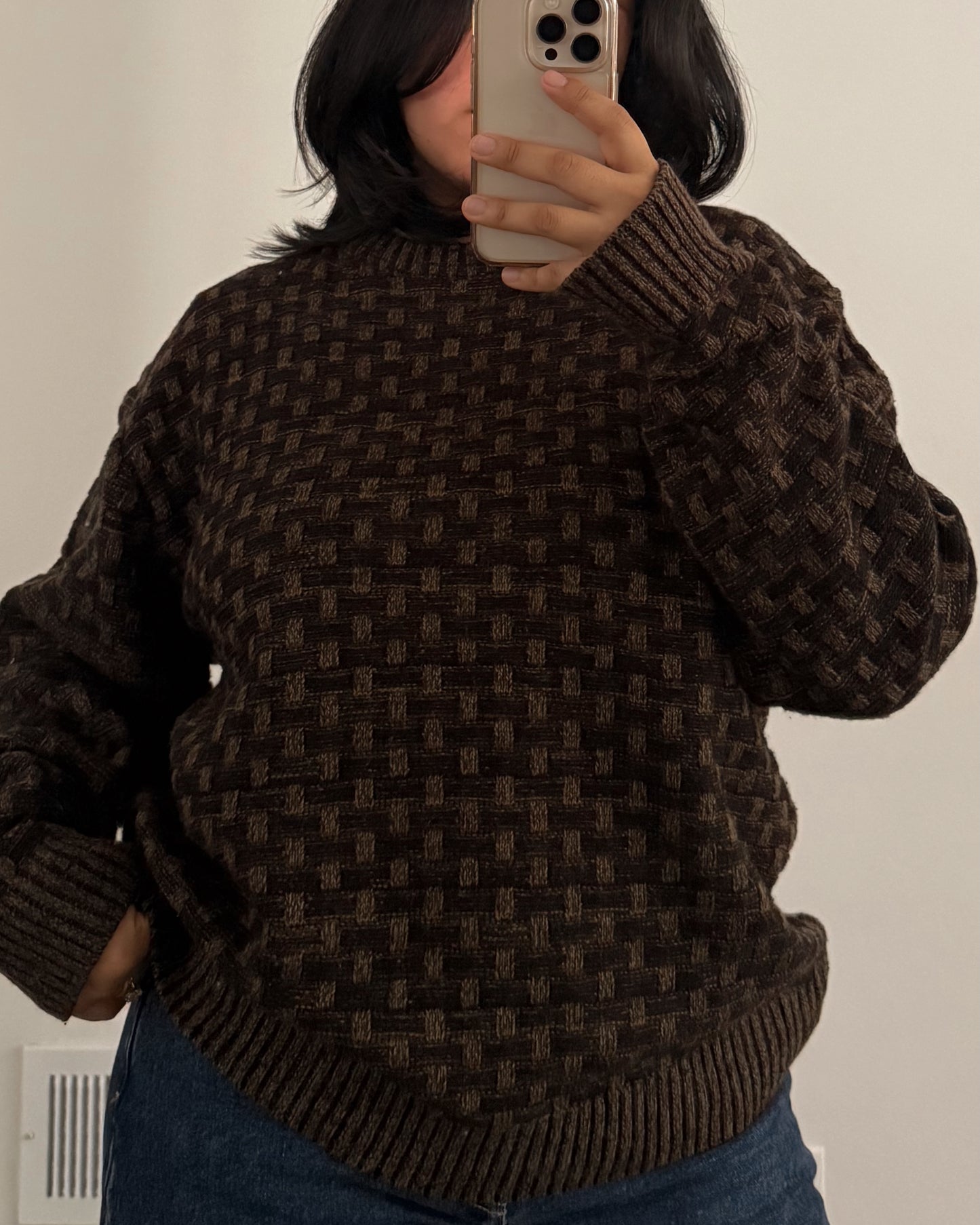 Brown Checkered Knitted Sweater