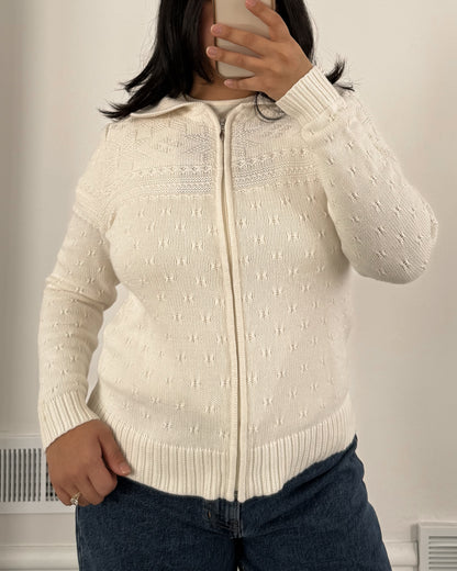White Textured Zip Up Sweater