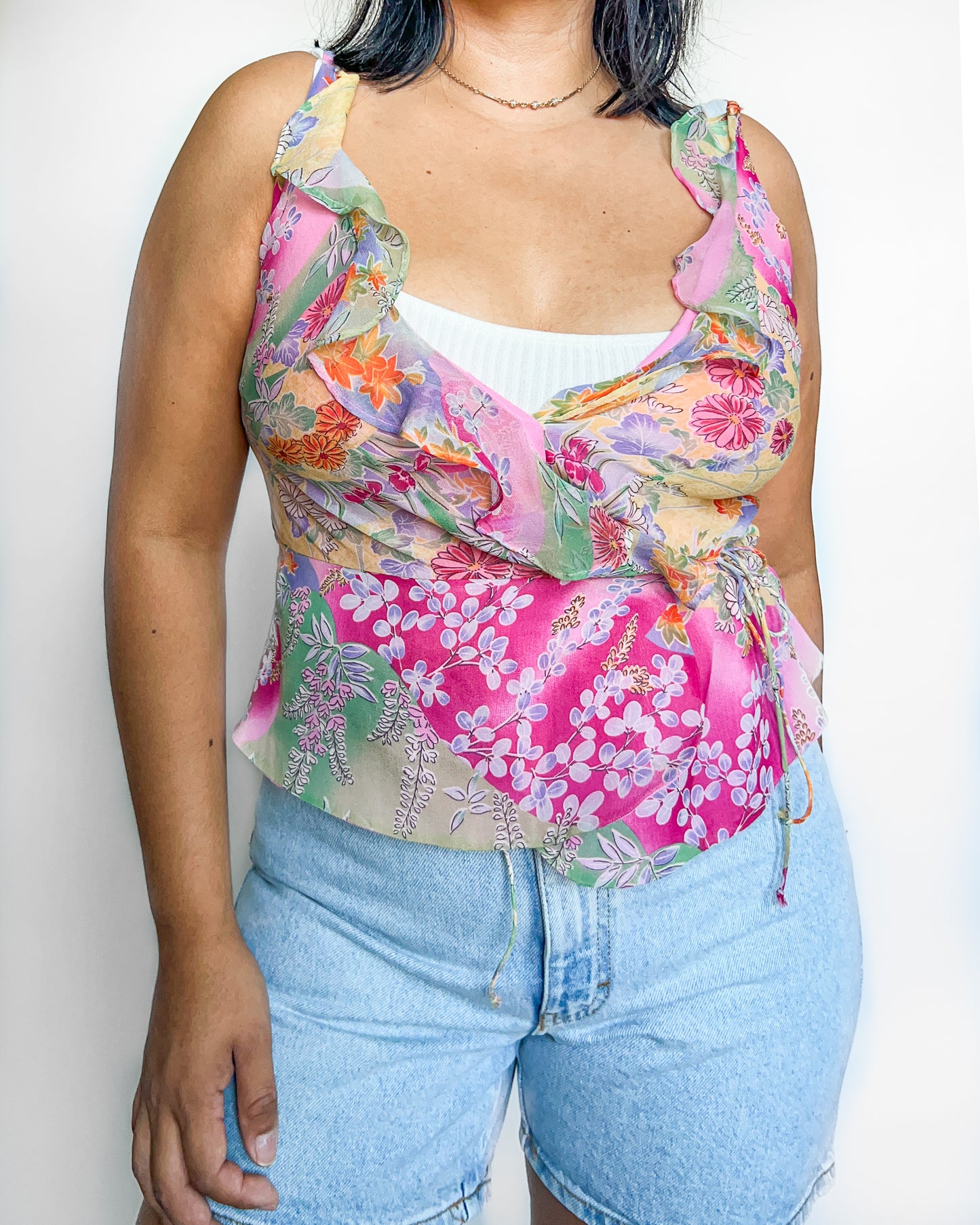 Silk Wrapped Floral Tank Top