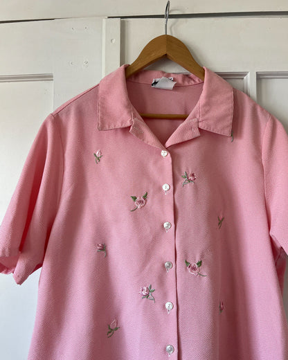 Floral Embroidered Pink Button Up