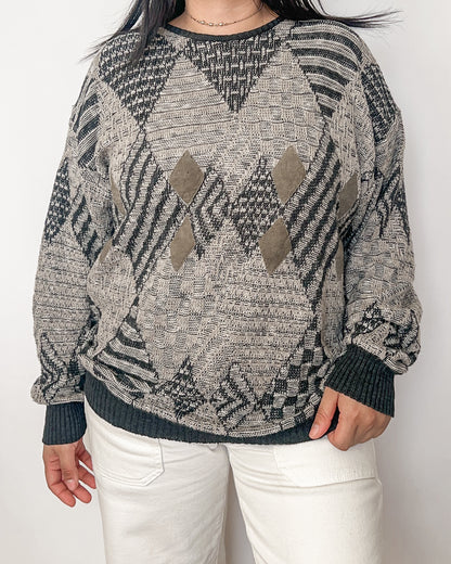 Dark Geometric Patterned Knitted Sweater