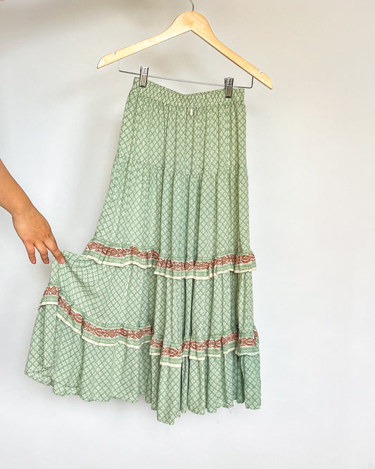 Green Patterned Tiered Max Skirt
