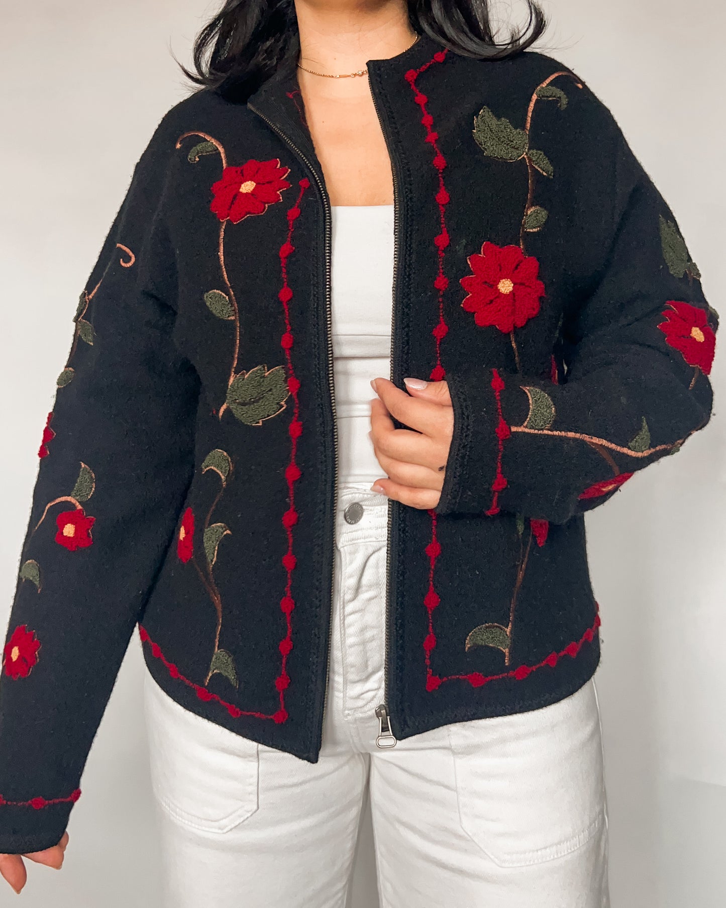 Wool Floral Zip Up Jacket