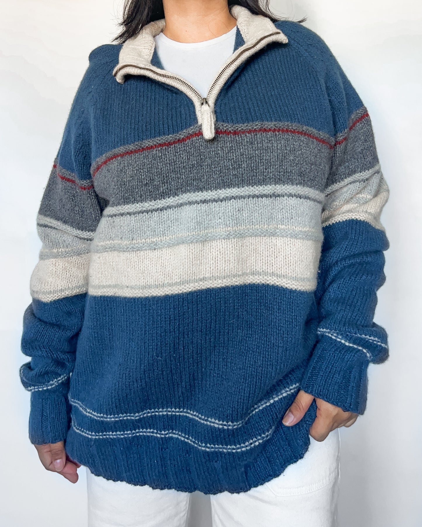Wool Striped Quarter Zip Sweater