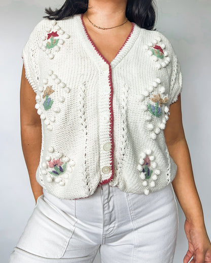 Floral Cropped Textured Knitted Vest