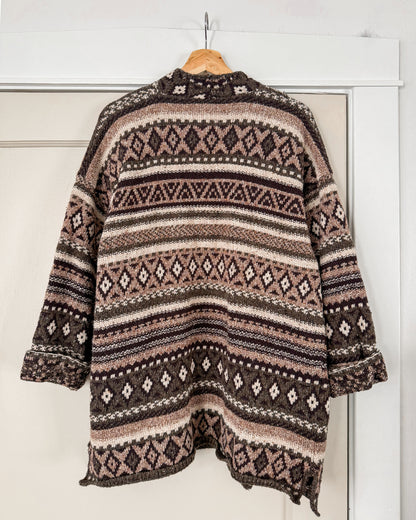 Brown Multi Patterned Long Open Cardigan