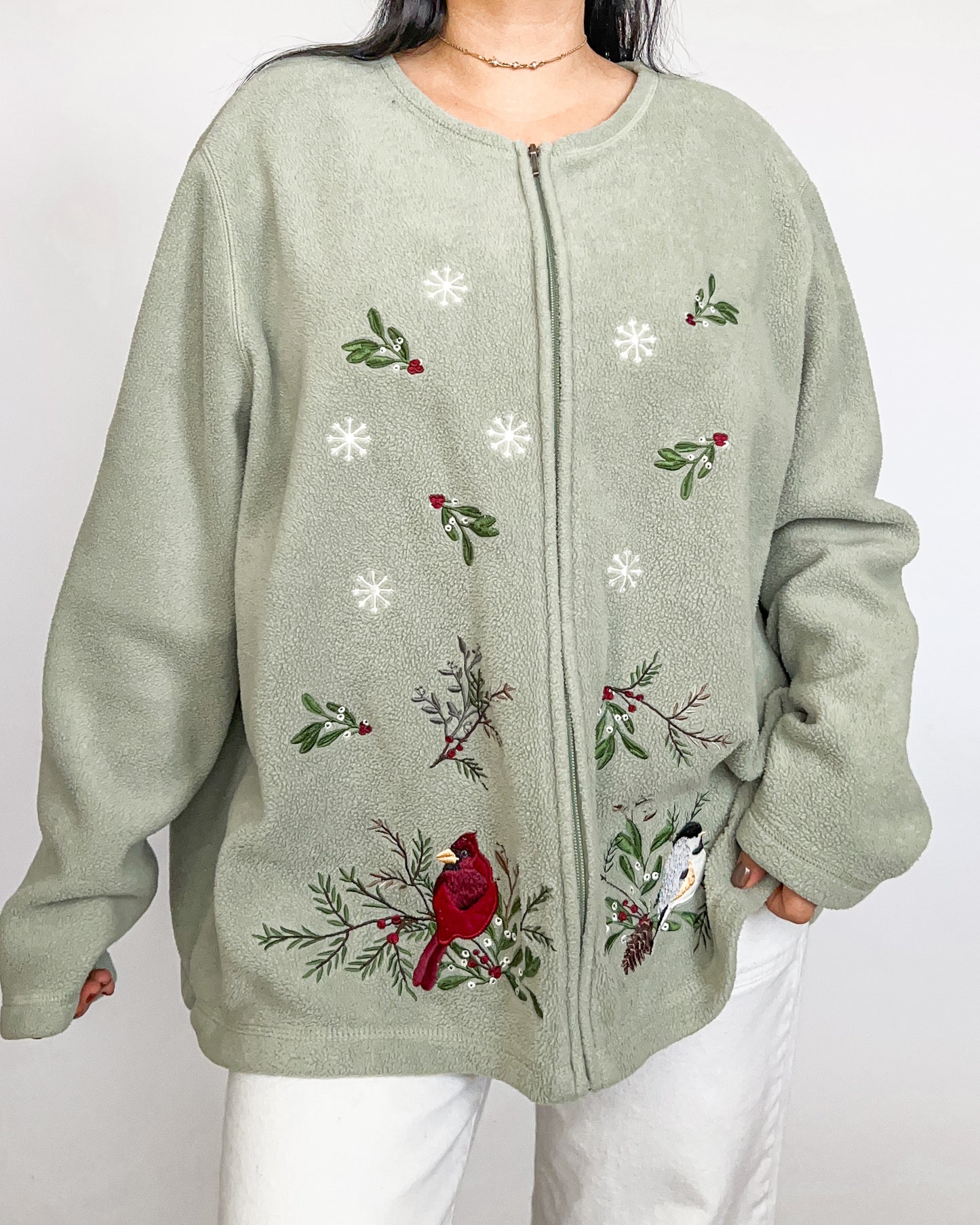 Green Embroidered Fleece Jacket