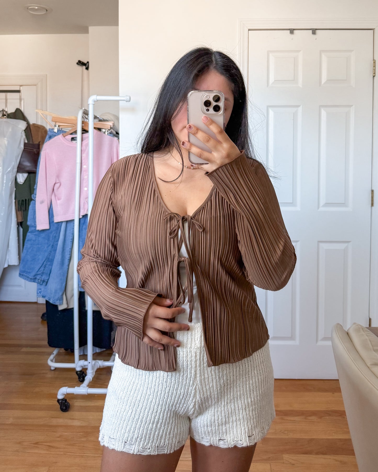 Brown Tie Flutter Sleeve Blouse