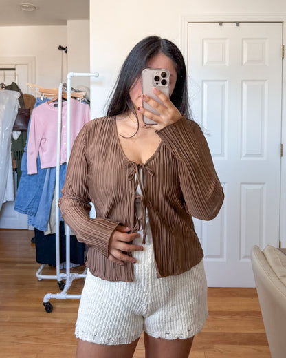 Brown Tie Flutter Sleeve Blouse