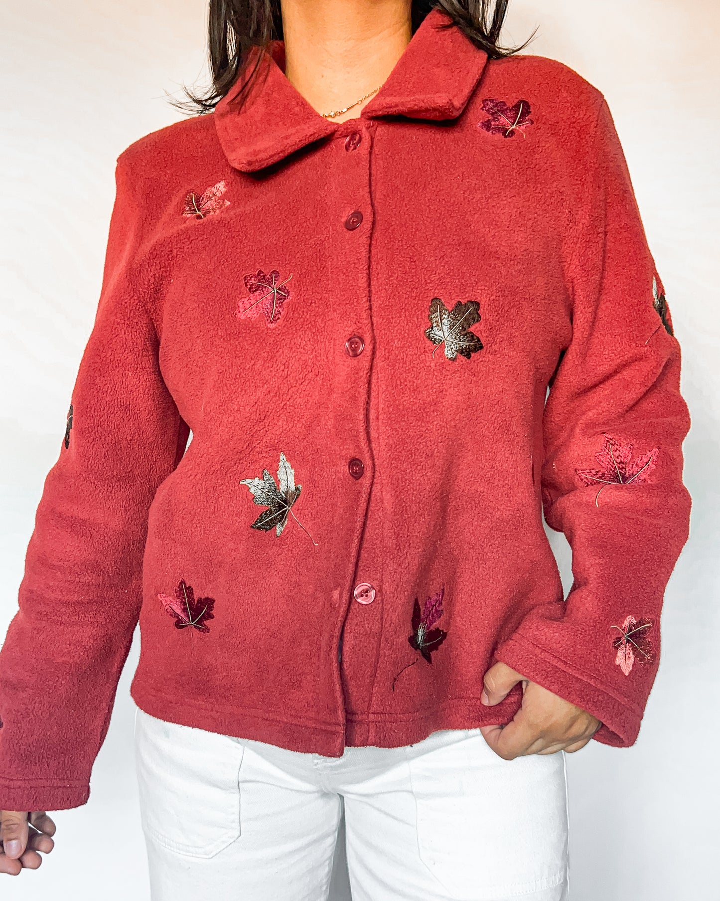 Vintage Leaf Embroidered Fleece Jacket