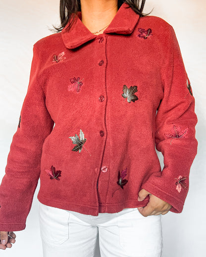 Vintage Leaf Embroidered Fleece Jacket