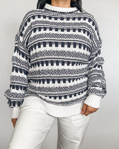 White and Navy Blue Knitted Crew