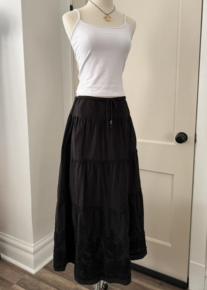 Black Tiered Maxi Skirt Floral Details