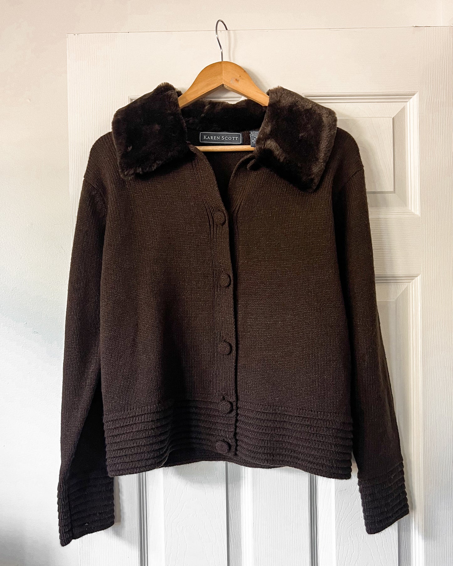 Brown Cardigan with Faux Fur Collar