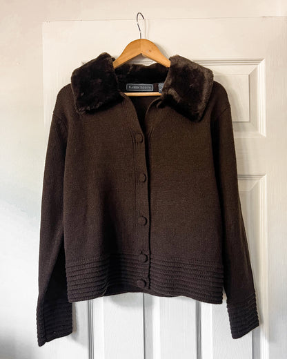 Brown Cardigan with Faux Fur Collar